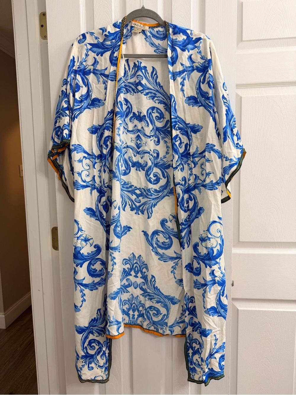 White and Blue Printed Kimono-Style Cape